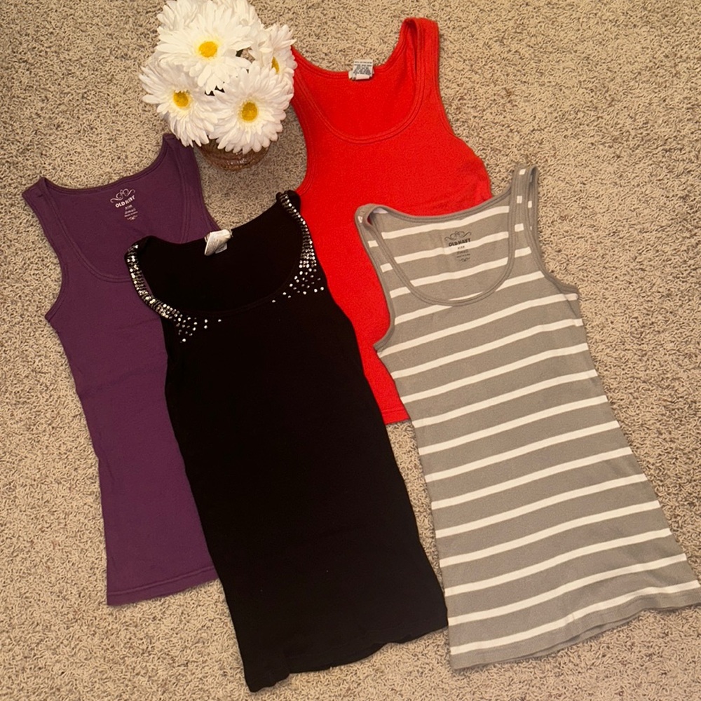 LOT of 4 OLD NAVY TANKS: Purple, Red, Gray/White Stripe & Black w/Sequins SMALL